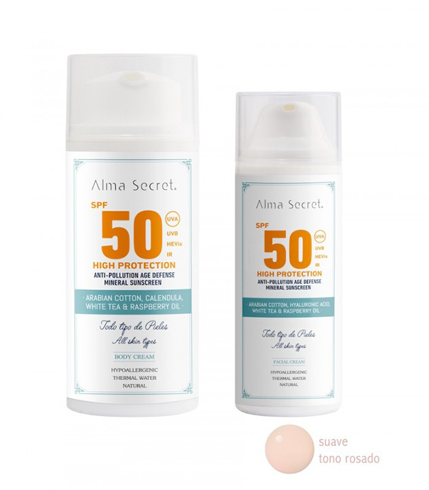 Alma Secret SPF 50, con filtros minerales no nano con un ligero toque de color rosado para evitar rastros blancos.