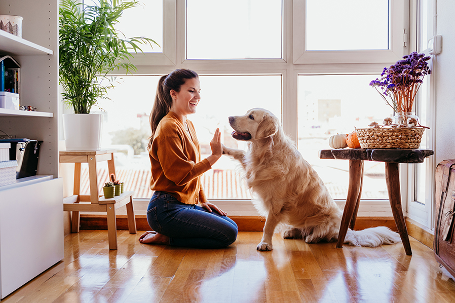 Mujer joven con un perro en un salón de una casa.